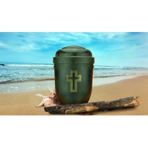 Biodegradable Cremation Ashes Funeral Urn / Casket - GREEN ROOT WOOD EFFECT with CROSS